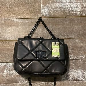 Badgley Mischka Purse Shoulder Hand Bag Black Vegan Leather Quilted Stud Chain